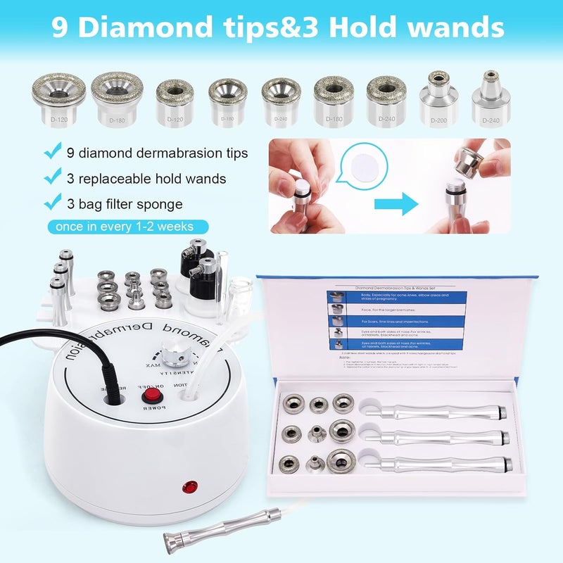 mcwdoit 3 in 1 Diamond Micro DermaBrasion Machine, Professional Dermabrasion Facial Skin Care Device with Wand, Spray Bottle and Vacuum Glass Tube for Personal Home Beauty Salon Use - Image 2